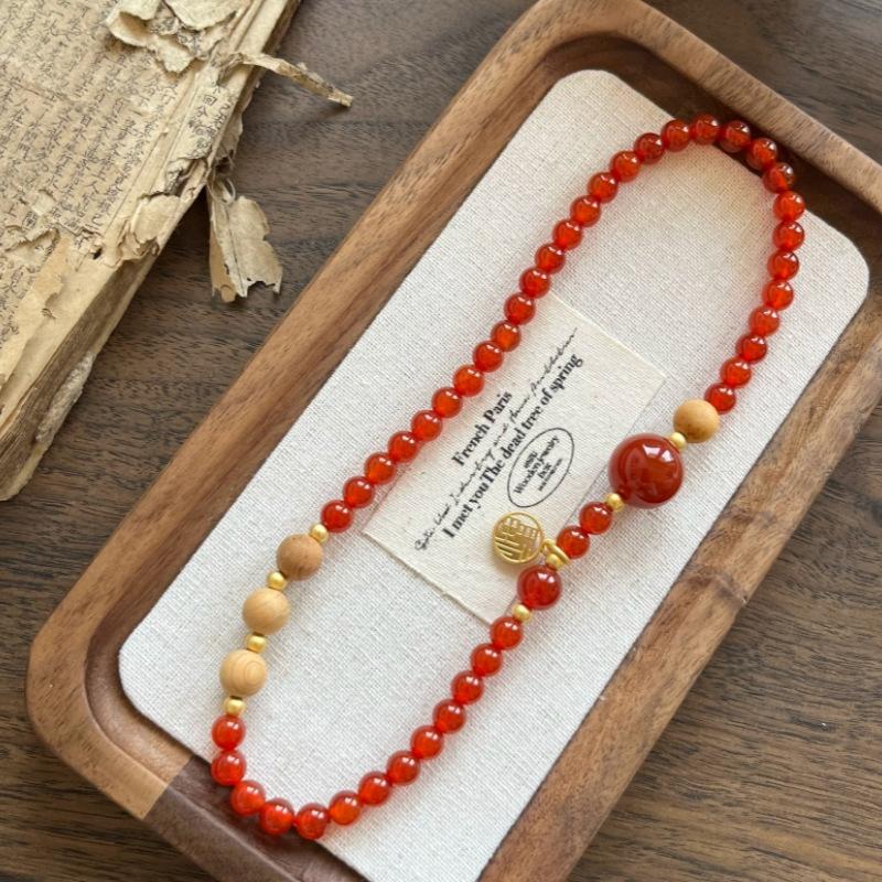 

Natural New Chinese Style Necklace, Gray Agate and Red Agate Double Circle Bracelet, Cultural Item for Girls, Buddhist Prayer Beads Red agate＋Thuja＋Gold-