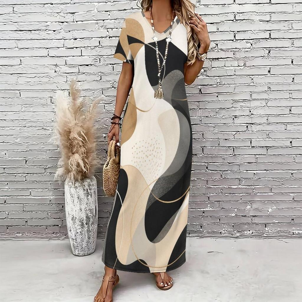 Women Plus Size V Neck Short Sleeve Printed Straight Maxi Dress