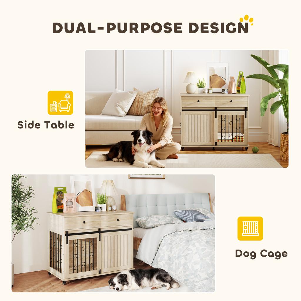 Dog Crate Furniture on Wheels, Dog Cage with 2 Drawers, Sliding Door, for Medium Large Dogs, Oak Tone