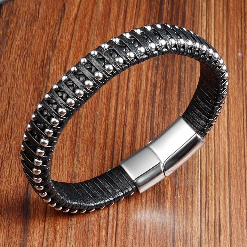 

Fashion Rope Men Bracelet Double Layer Leather Bracelet Homme Stainless Steel Accessories for Lover Husband Jewelry Gift 21cm