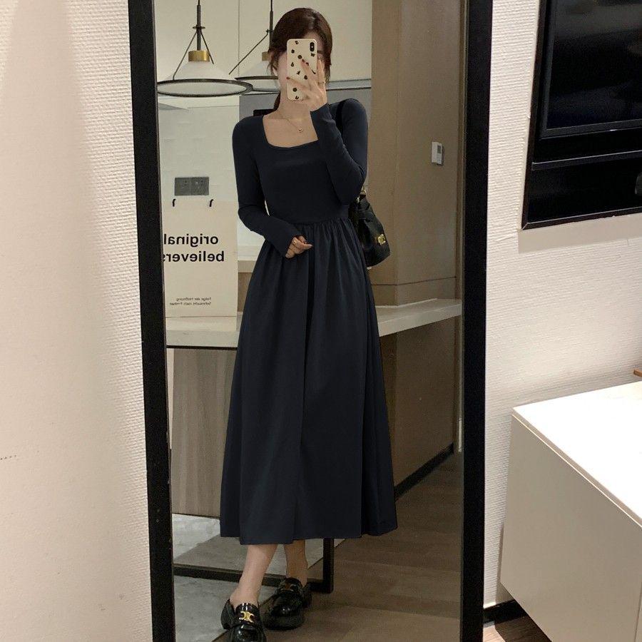 French Hepburn Style Long Sleeve Square Neck Dress for Women - Autumn High-End Inner Layer Long Skirt