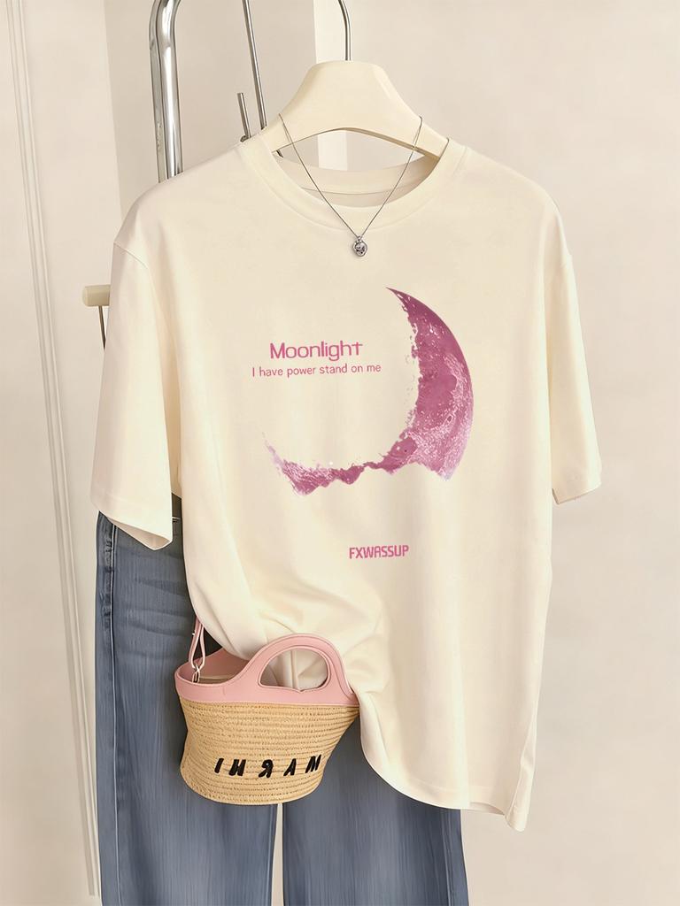 Beautiful Moonlight Prints T-Shirts Women Summer Comfortable Short Sleeve Tops Soft Loose T Shirt Basics O-Neck Womans Clothes