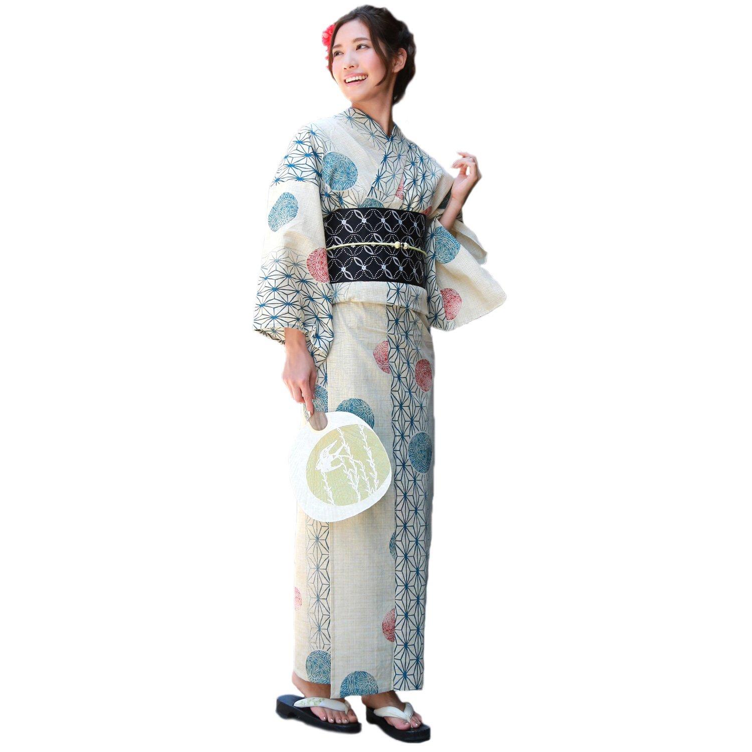 

Brilliant Piece Regular Size Yukata with Hemp Leaf and Ball Premium Cotton and Linen Includes and Geta Women s Set, Off-White Designs, 3-Piece Set,