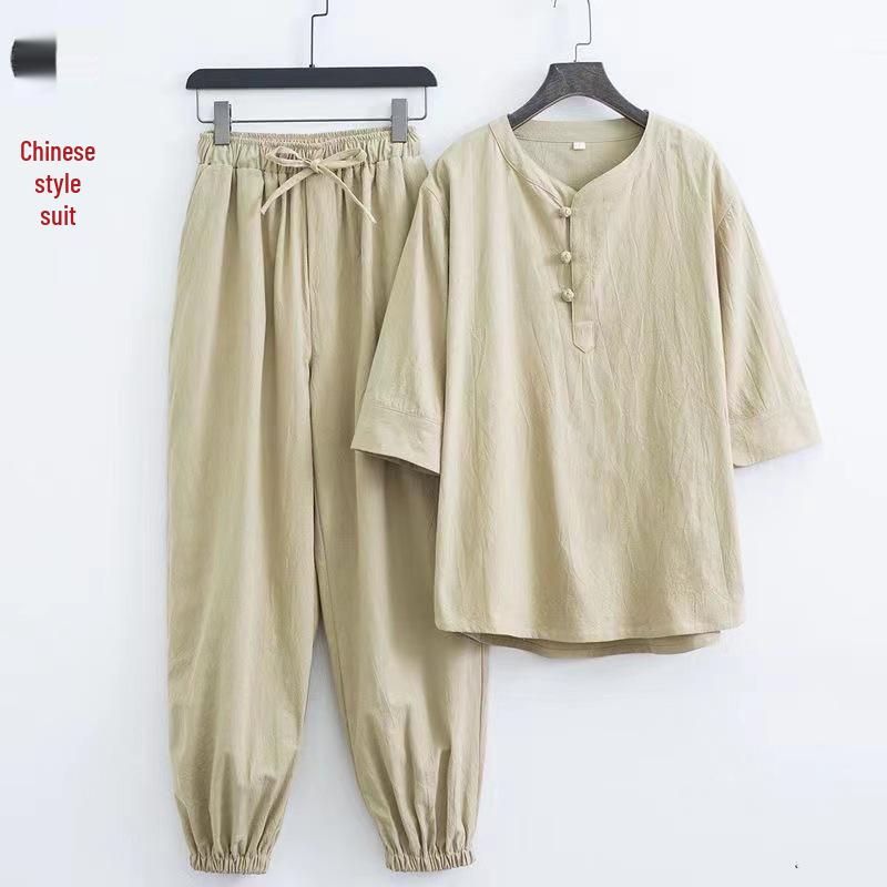 Herren Sommer Baumwolle Leinen Chinesischer Stil Froschknopf Halber Ärmel Tang Anzug Set