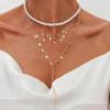 Sweet And Cool Imitation Pearl Beaded Collarbone Necklace, Fashionable Metal Disc Stacked With Chain Necklace For Women