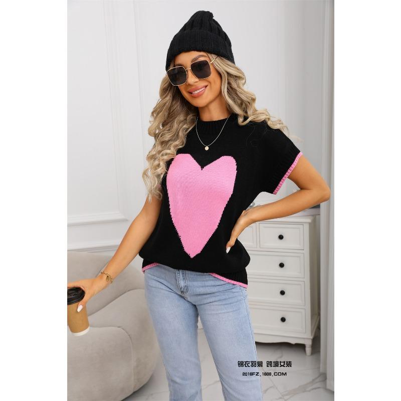 Podzimní a zimní pulovrová vesta s kulatým výstřihem a pletená svetrová vesta s krátkým rukávem a motivem lásky pro ženy