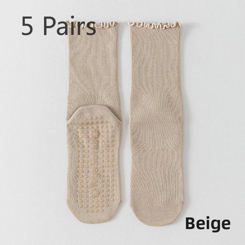 5 Pairs Combed Cotton Socks Boneless Non-slip Indoor Pilates Yoga Stockings Women's Wooden Ear Lace Fitness Sports Stockings