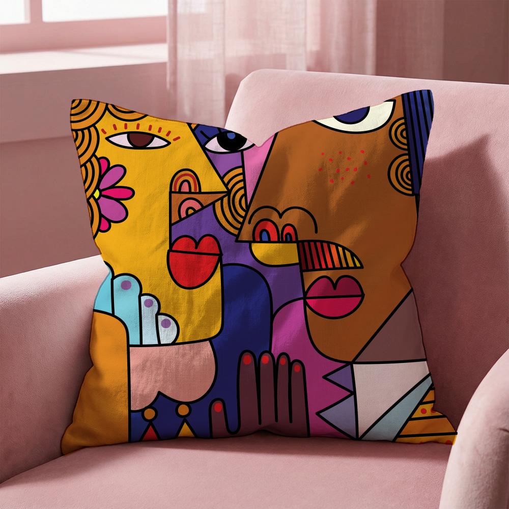 Colorful Abstract Faces Cushion Cover Multi-Scene Pillow Cover for Home & Car - Reversible, Soft & Durable for Daily Use