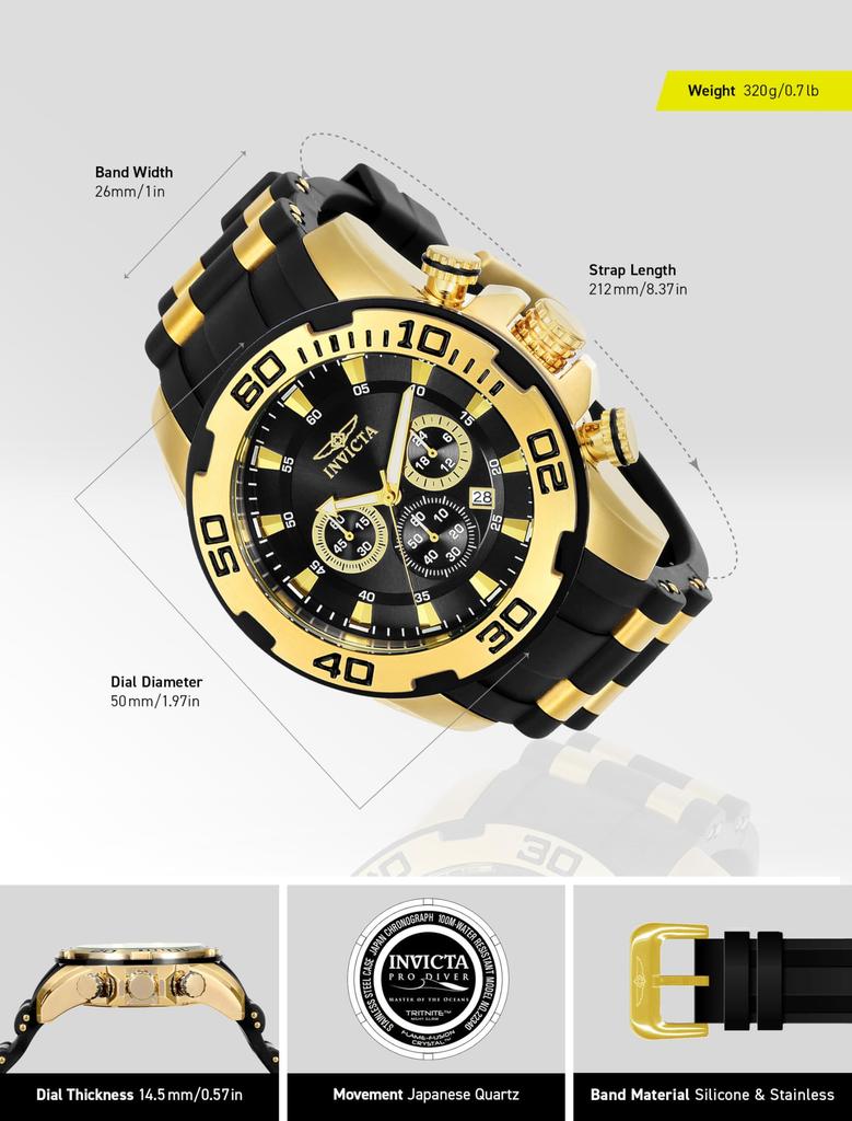 Invicta 22340 Quartz Casual Watch with Stainless Steel and Silicone Black "Pro Diver" Men's Finish