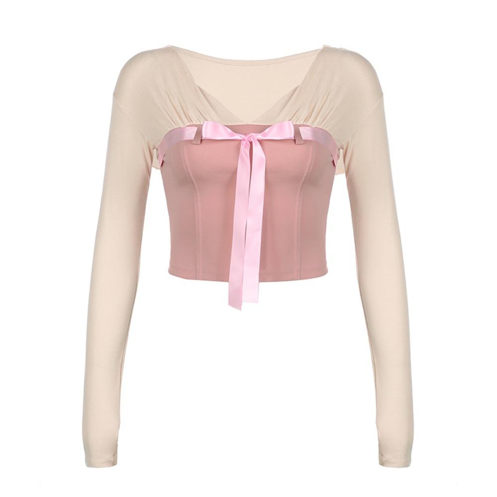 

Шикарная футболка с длинным рукавом, рубашка с V-образным вырезом на шнуровке, топ, мягкий милый укороченный топ с бантом, весна-осень L розовый