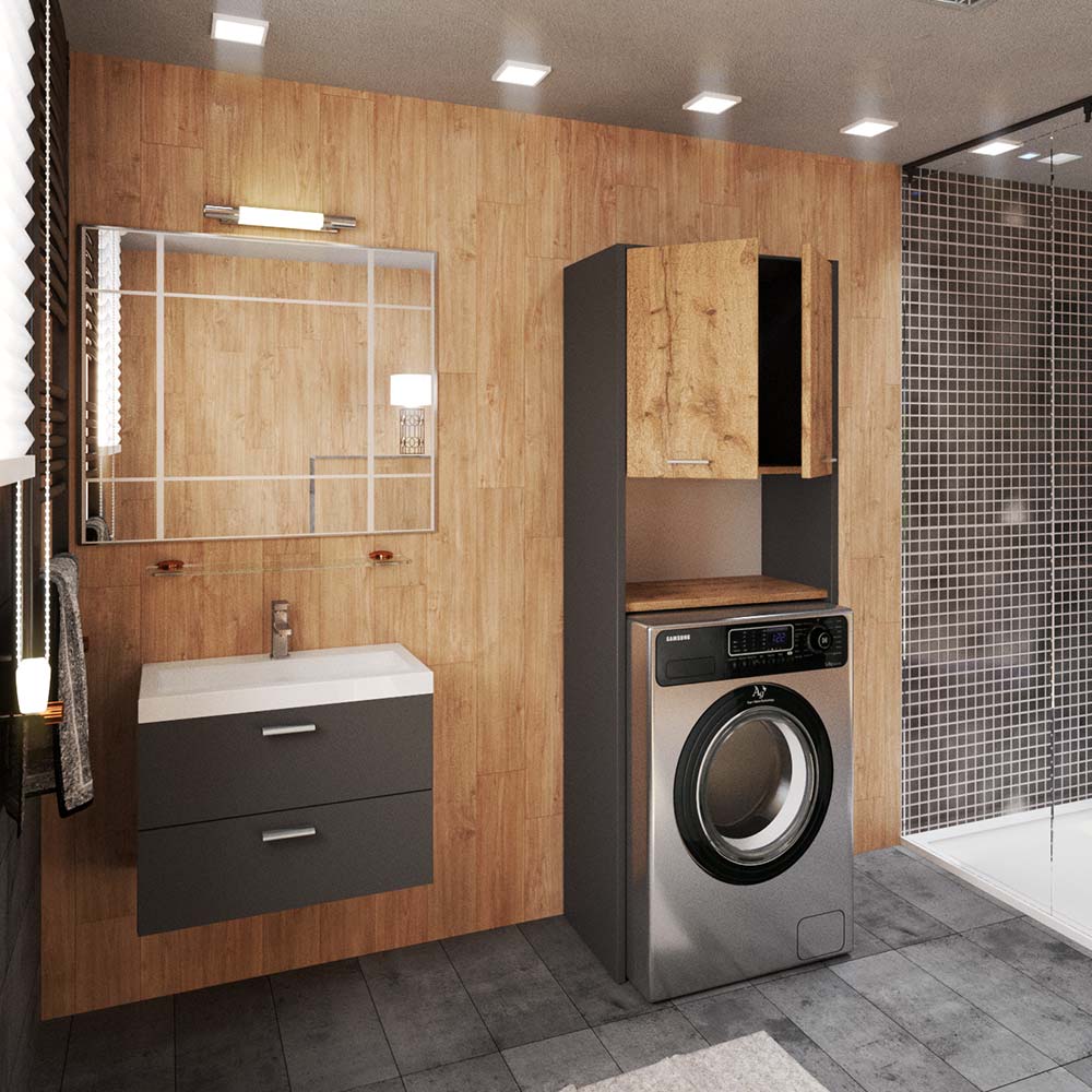 Badkamer Staande Kast Grijs Eiken Wotan Wasmachinekast 64 CM Kolom