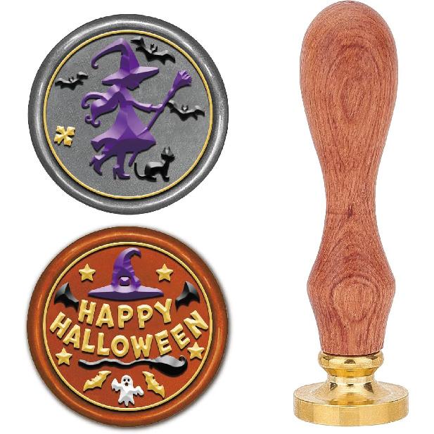 CRASPIRE 2 Style Happy Halloween Wax Seal Stamp Set Brass Sealing Stamp Heads + 1pc Wood Handle Removable Witch Hat Bat Ghost Kit for Decorating