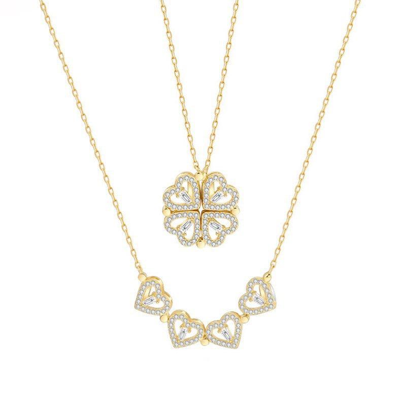 C211 Heart-to-Heart Four-Leaf Clover Necklace: Fashionable, Foldable Clavicle Chain With Heart-Shaped Pendant for Women.