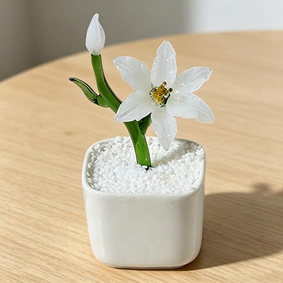 Mini Glass Potted Flower Figurine Hand Blown Faux Crystal Artificial Lily Flower Collectible Ornament for Women Mom Wedding Home Table