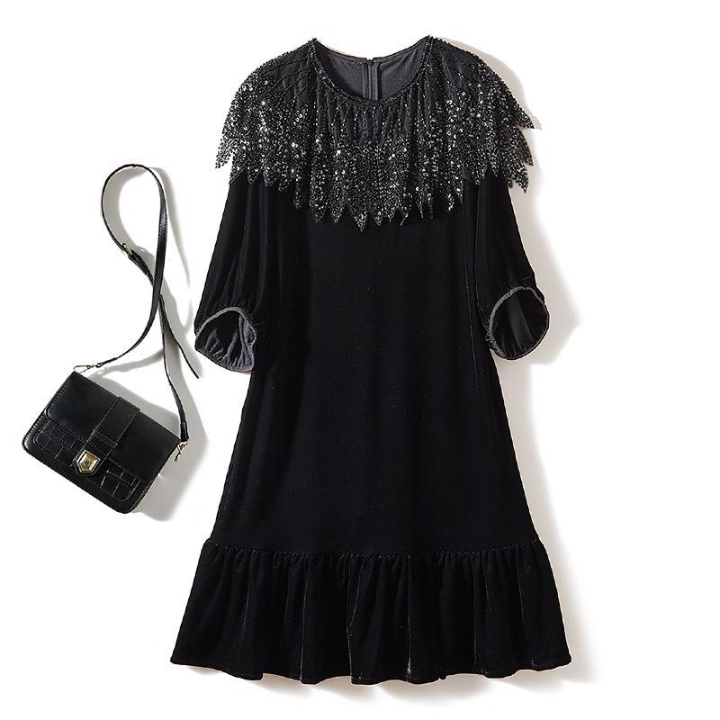 

Annual Meeting Banquet Design Flash Guest dresses! Women Three-Quarter Sleeve round Neck Shawl Sequined Fishtail Gold Velvet Dress Black L recommend 57.50kg