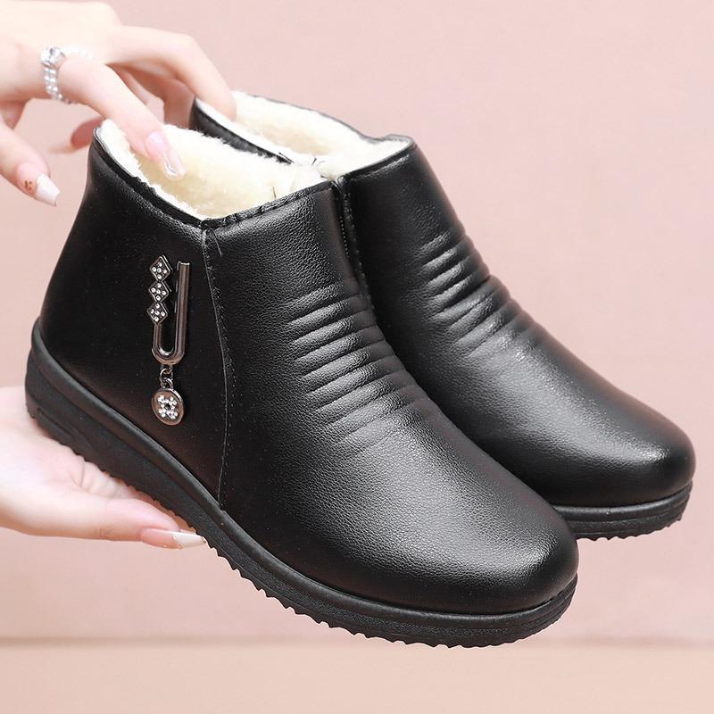 Fashion Casual Flat Bottomed Cotton Leather Shoes for Women Warm Boots with Added Fleece Soft Soled Short Boots for Women Botas Mujer