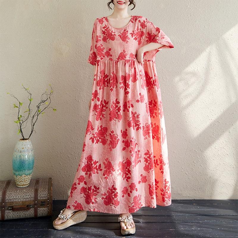 Krátký rukáv Plus size Bavlněné vintage květinové nové šaty pro ženy ležérní volné dlouhé letní šaty