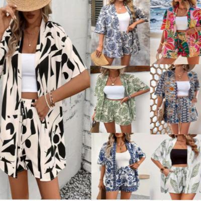 Women's Loose Two-piece Shorts Set Short Sleeve Printed Kimono Top Drawstring High Waist Shorts