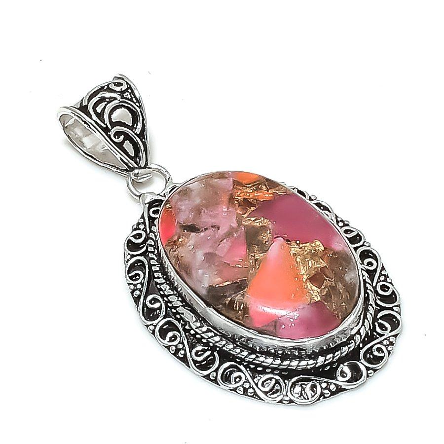 Natural Pink Dahlia Turquoise Gemstone 925 Sterling Silver Pendant 2.17  ETC-14050