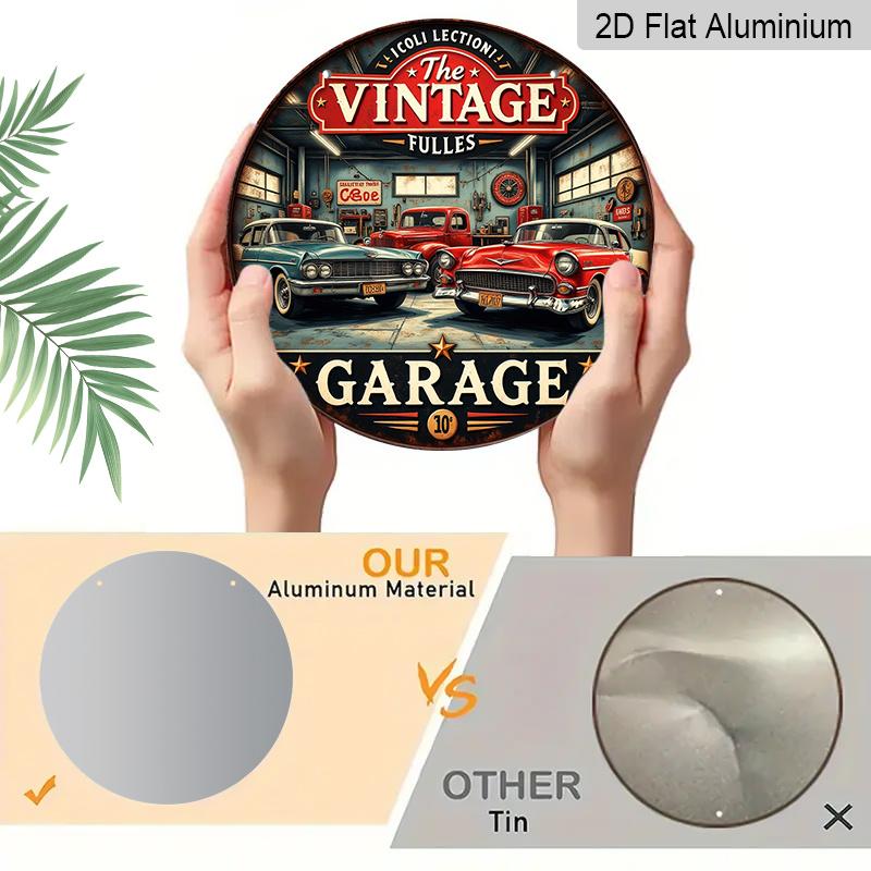 2D Flat, 1pc Vintage Aluminum Round Wall Plaque - Retro Garage Metal Sign with Classic Cars & Tools Design, Americana Decor for Bars, Cafes