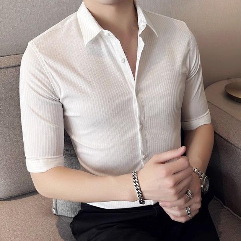 Men's Shirt Three-quarter Sleeve Korean Thin Business Hairstylist Casual Formal Wear Striped Short-sleeved Slim Half-sleeved