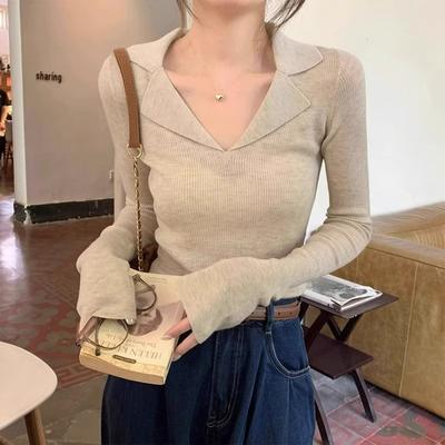 Women's Polo Lapel Knit Sweater for Autumn and Winter with a Chic V-neck Long Sleeve Underneath a Base Layer