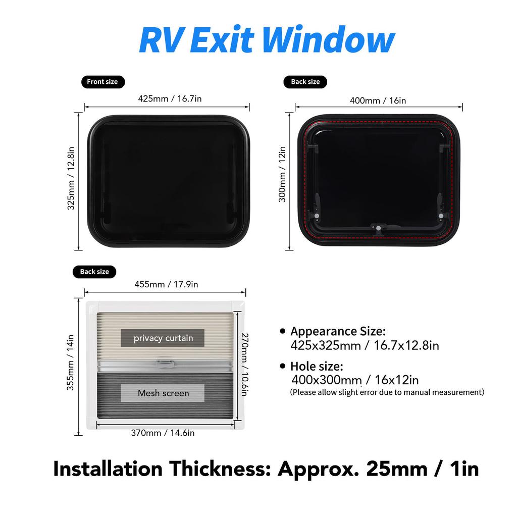 16x12in RV Exit Window Emergency External Push Out Window with Mesh Screen Support Rod for Caravan Camping Trailer Motorhome