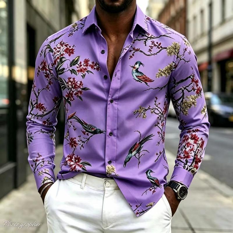 New Men's Shirt Collar Long Sleeved Printed Shirt Street Style Elegant Men's Casual Fashion Top, Comfortable, 17 Colors