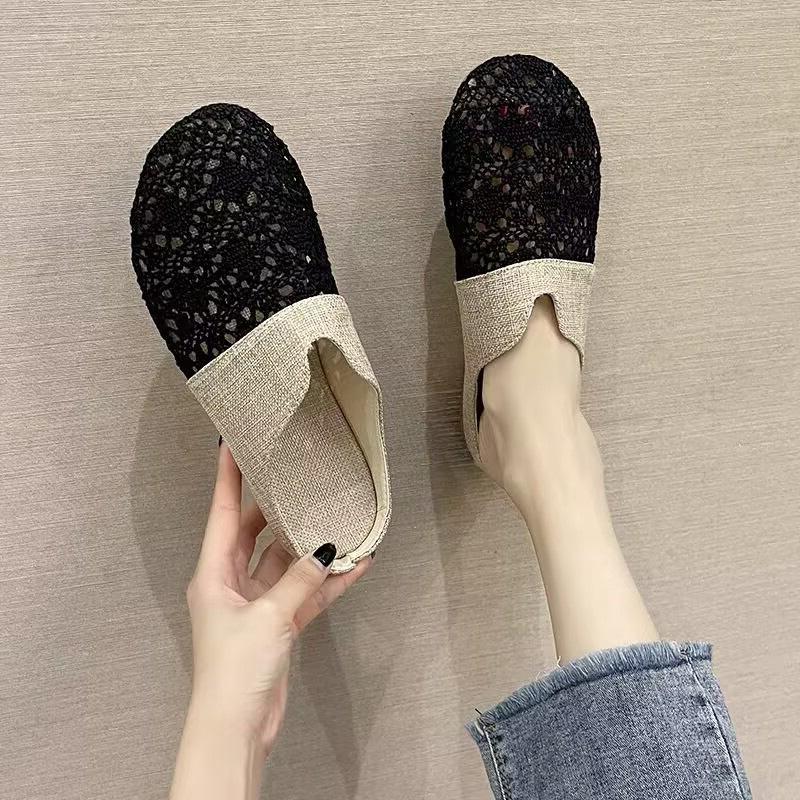 Baotou half slippers women's outer wear 2025 summer new mesh breathable lazy shoes versatile flat bottom outer wear sandals tide