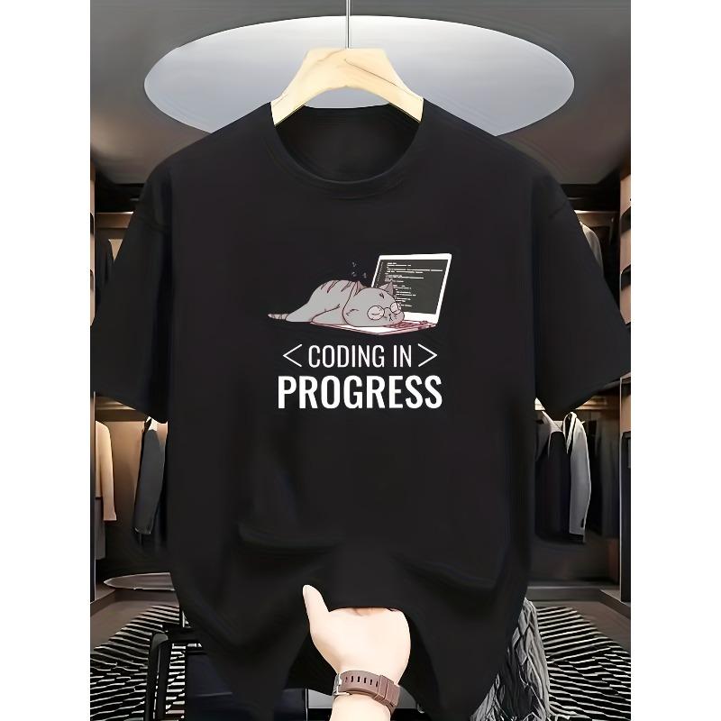 European Sizes Men'S Coding In Progress Graphic T-Shirt - with Coding & Laptop Design, Casual Round Neck Short Sleeve Tee for Programmers