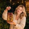 Solar Powered Lantern Outdoor Decorative Light with Metal Handle and Floral Hummingbird Pattern Suitable for Garden Patio Porch and Yard Lighting