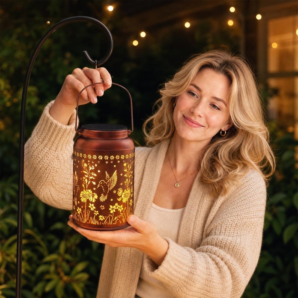 Solar Powered Lantern Outdoor Decorative Light with Metal Handle and Floral Hummingbird Pattern Suitable for Garden Patio Porch and Yard Lighting