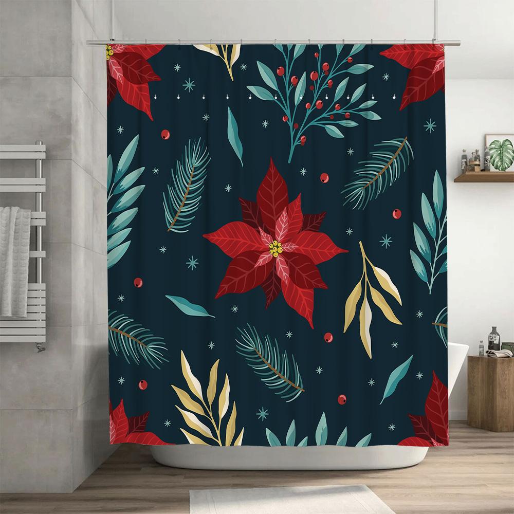 GAEStylish Blue Floral Shower Curtain with Christmas Poinsettias for Bathroom Decor Waterproof Fabric Easy Installation Kit In