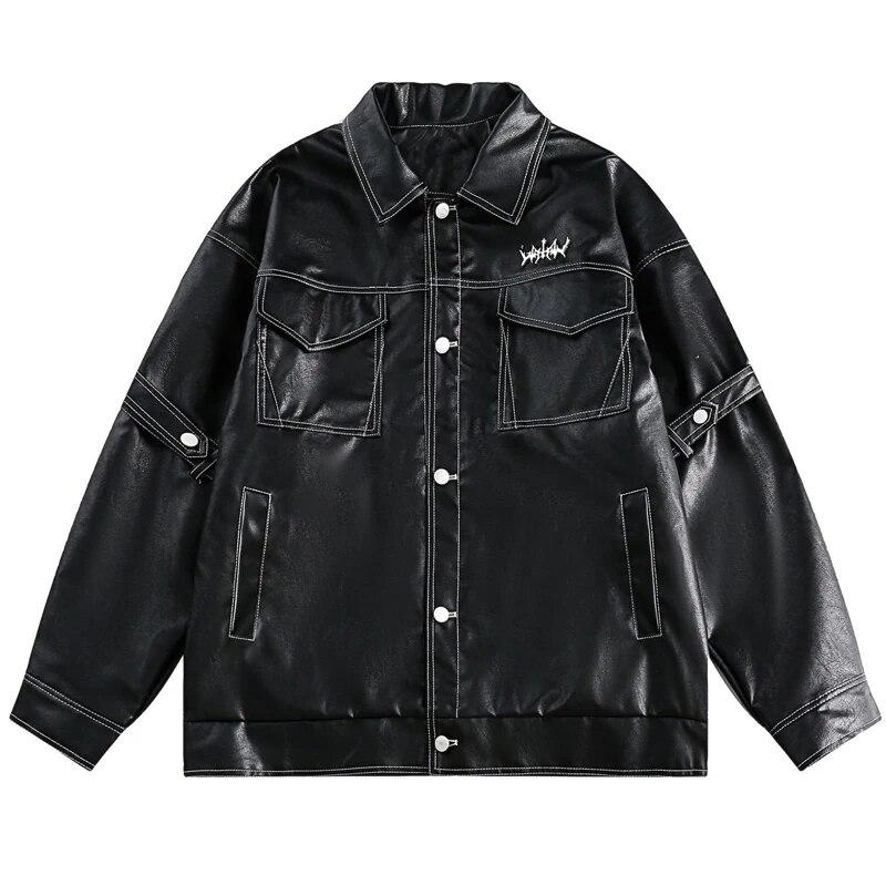 

Мужская куртка из искусственной кожи с вышивкой в ​​американском стиле High Street, однобортное пальто с лацканами и несколькими карманами, мужские повседневные модные свободные топы