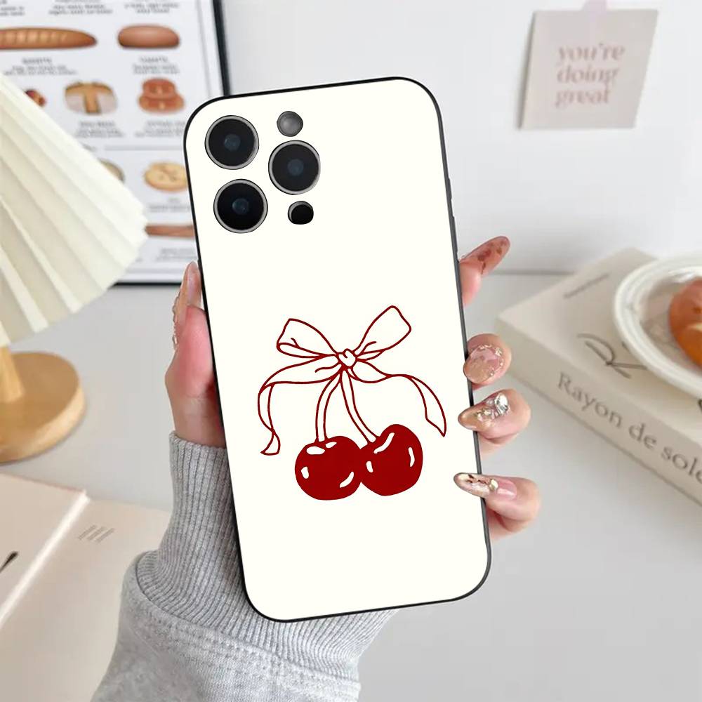 Cherry Phone Case Black Silicone Soft Shell For IPhone 17 16 15 14 13 12 11 Air Pro Max Plus Hot Sale
