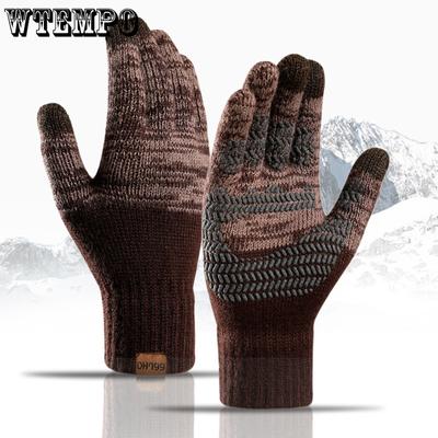 Knitted Gloves for Men In Large Size Autumn and Winter with Velvet and Color Blocked Offset Printing Touch Screen and Warm Gloves