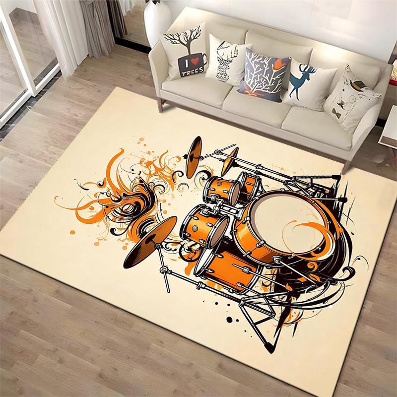 Stylish Drum Set Design Carpet with Orange and Black Patterns, Music Decor Suitable for use as an anti-slip for living room bedroom sofas
