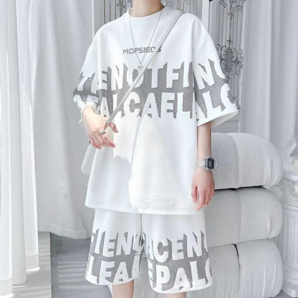 Summer Men's Fashion Personality Letter Printed Short Sleeved Shorts Two-piece Set Outdoor Sports Breathable T-shirt Set