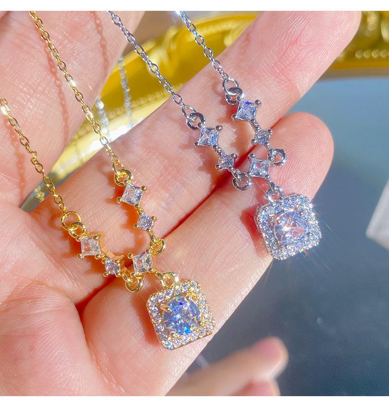 Shiny Luxury Square Diamond Titanium Steel Clavicle Necklace For Women