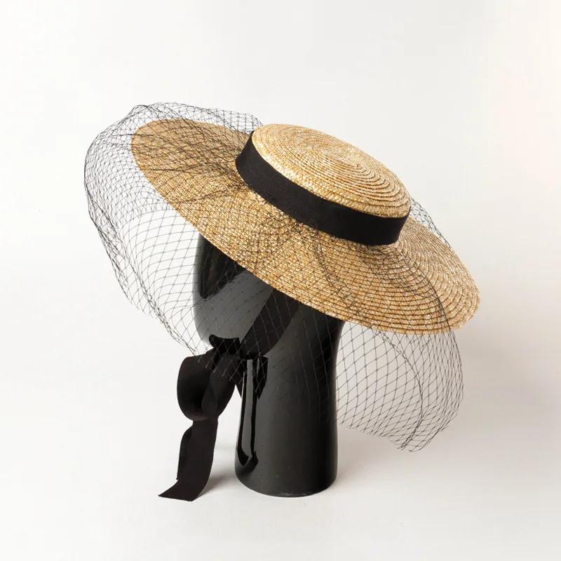 Summner Wheat Straw Handmade Woven Sun Hats for Women Long Ribbon Mesh Fashion Holiday Panama Lady Sun Cap Vacation Leisure Hat