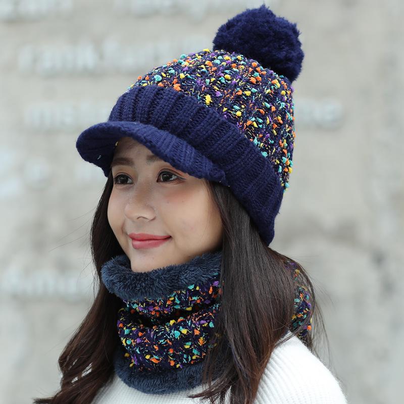 Autumn and winter women's hats trendy velvet thickened warm hairball wool hat scarf knitted hat two-piece set