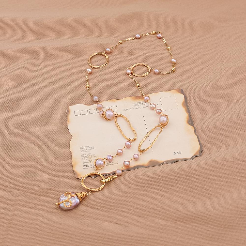 2022 Trendy Necklace Natural Freshwater Pearl Chain Necklace Hollowed Cut Handmade Jewelry for Women
