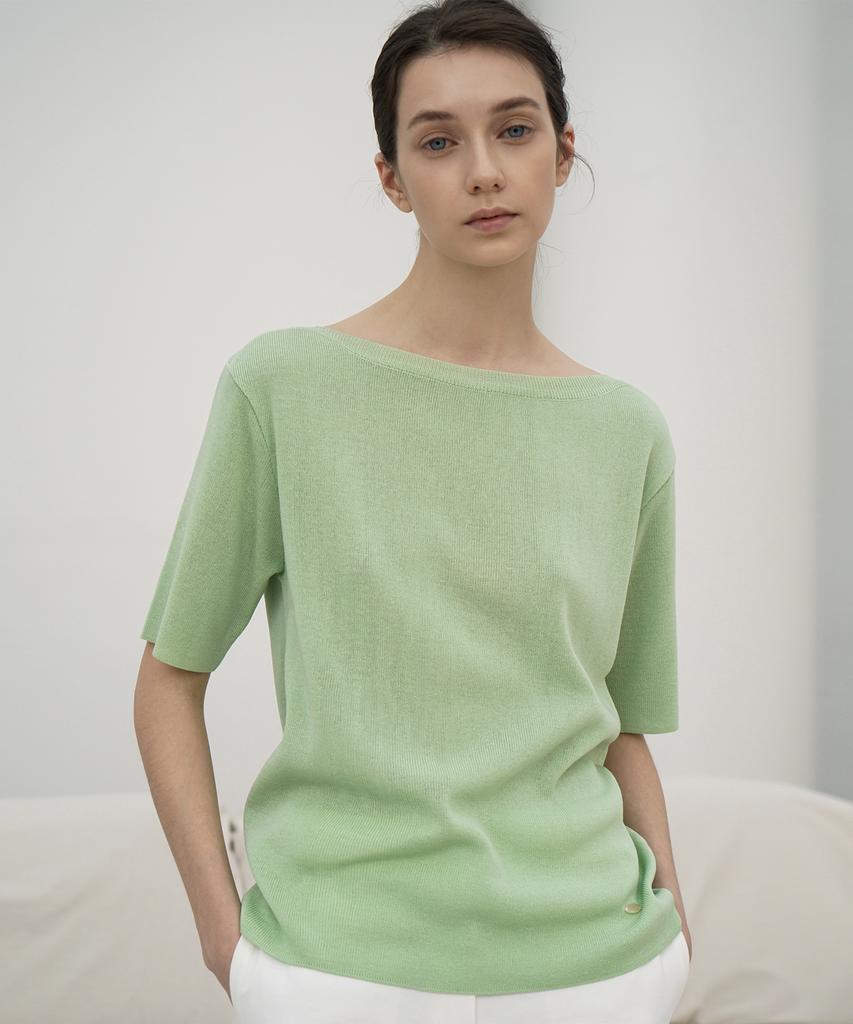 Rie 2Color Boat Neck Short Sleeved Knit Top Lg