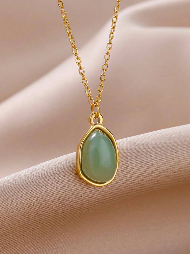 1pc Women's Stainless Steel Asymmetrical Purple Natural Stone Pendant Necklace, Fashion Accessory For Daily Wear