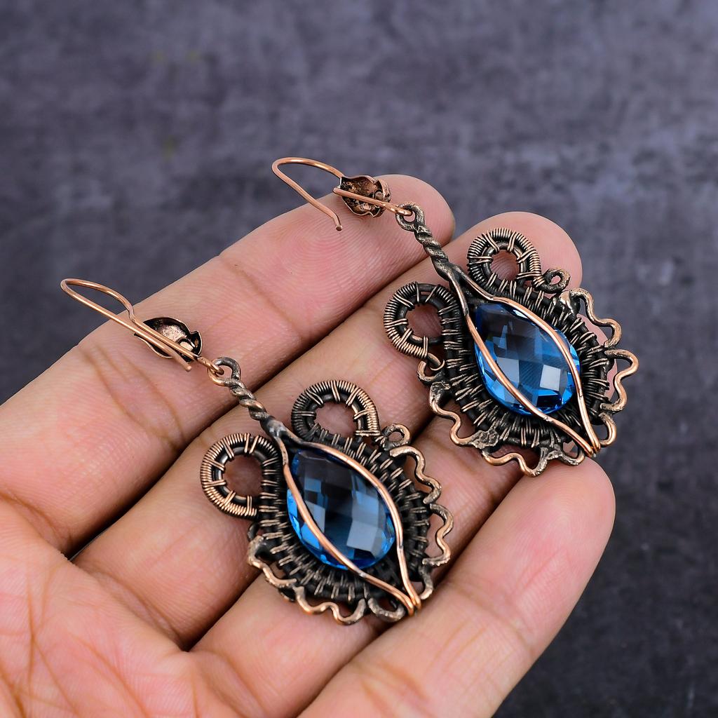 Natural Tanzanite Quartz Gemstone Copper Wire Wrap Jewelry Earring 2.64" V7B44