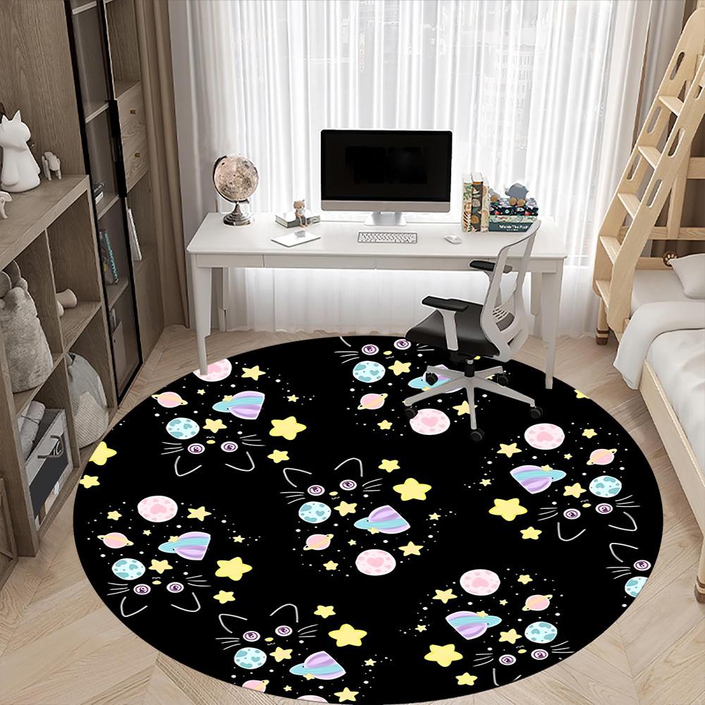 1pc Space Black Cats Office Round Area Rug, Indoor Mat Suitable For Office, Under Office Chairs Bedroom Living Room Home Decor, Room Deco