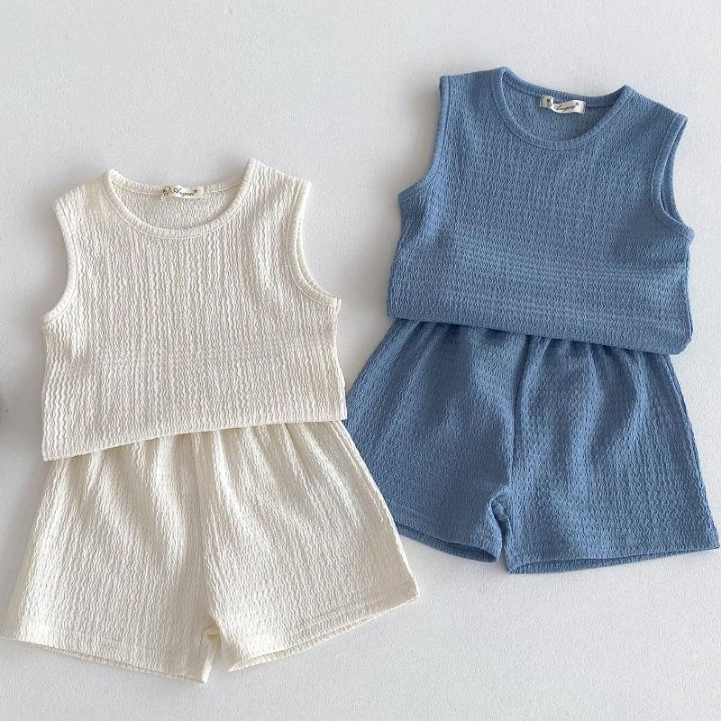 New Arrival Korean Style Solid Baby Gauze Homewear Children Breathable Loose Sleeveless Tank Tops + Shorts 2Pcs Thin Pajamas Set