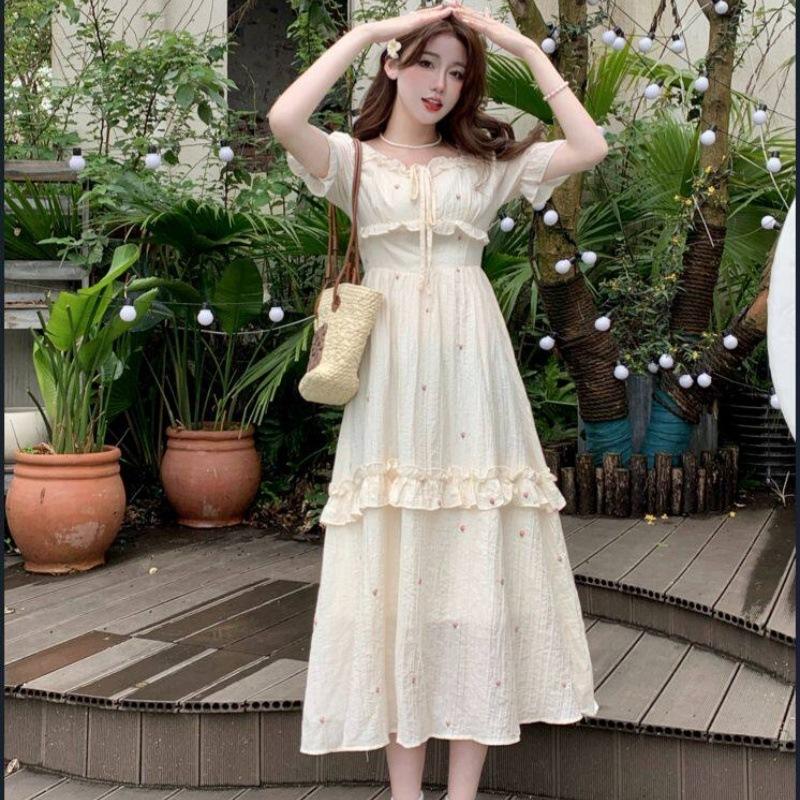 Embroidery Fabric Chiffon Inner One French Gentle Wind Design Bubble Sleeve Embroidery Cake Dress Dress Women's Clothing