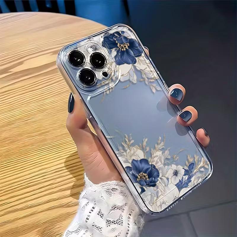 Przezroczyste Etui na Telefon z Wzorem Niebieskich i Białych Kwiatów Dla iPhone 17 16 15 14 Pro Max 13 12 11 XS X XR 7 8 Plus 16e 17Air Miękki Pokrowiec TPU