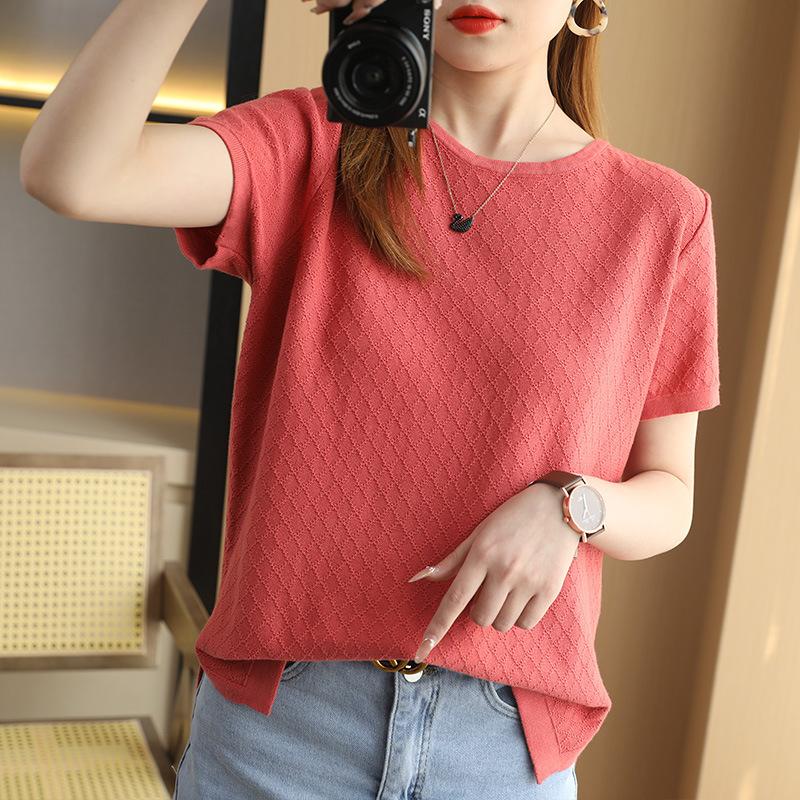 Summer New Round-neck Knitted Short-sleeved Women's T-shirt, Loose Large-sized Plaid Half-sleeved Top